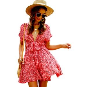 Boho Floral Front Tie V-neck Mini Dress